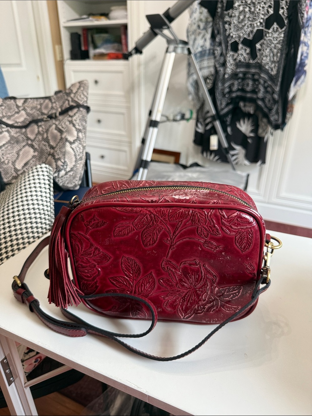 Patricia Nash tooled wine crossbody  8x 6” wine burgandy  NWOT. Never carried.